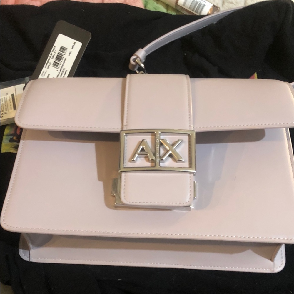Armani Exchange Pale Pink Leather AX Buckle Satchel